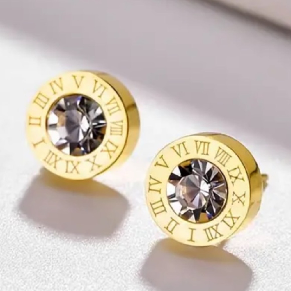 🔥High quality single round drill gold earrings Rome digital titanium ear…